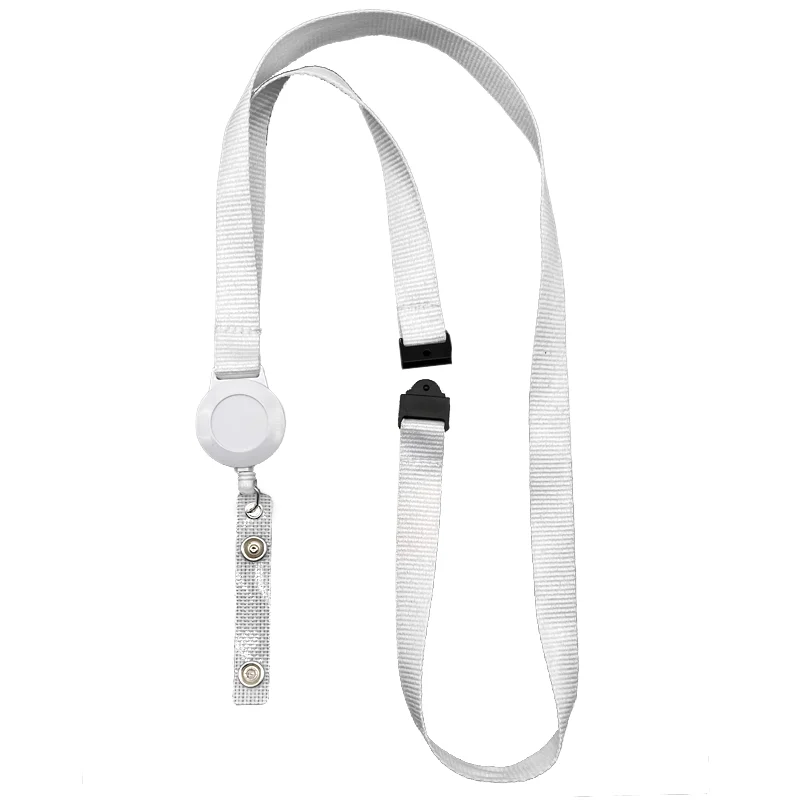 Cordino porta badge da 15 mm bianco con avvolgitore per badge e dispositivo di sicurezza