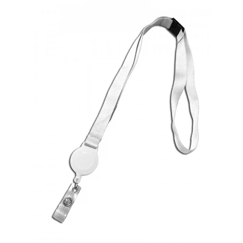 Cordino porta badge da 15 mm bianco con avvolgitore per badge e dispositivo di sicurezza