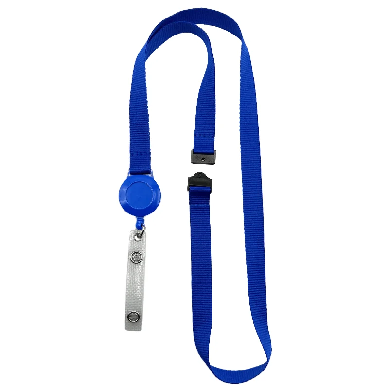 Cordino porta badge da 15 mm blu con avvolgitore per badge e dispositivo di sicurezza