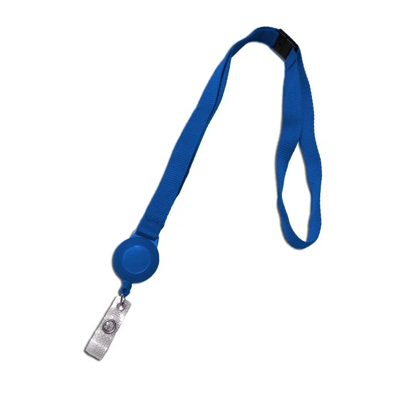 Cordino porta badge da 15 mm blu con avvolgitore per badge e dispositivo di sicurezza