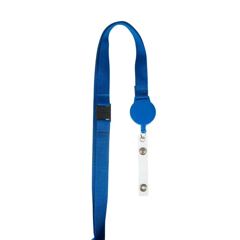 Cordino porta badge da 15 mm blu con avvolgitore per badge e dispositivo di sicurezza