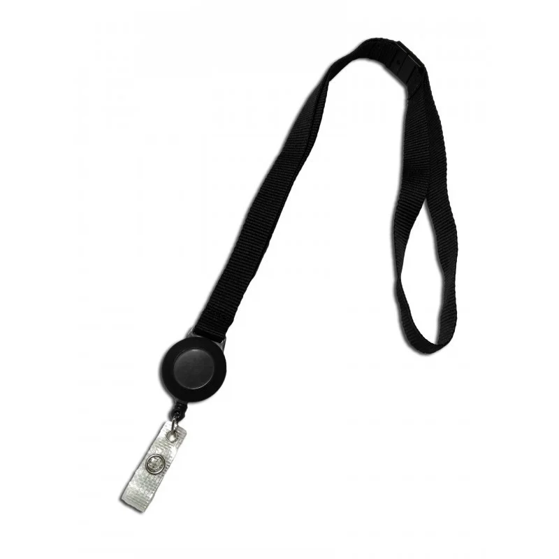Cordino porta badge da 15 mm nero con avvolgitore per badge e dispositivo di sicurezza