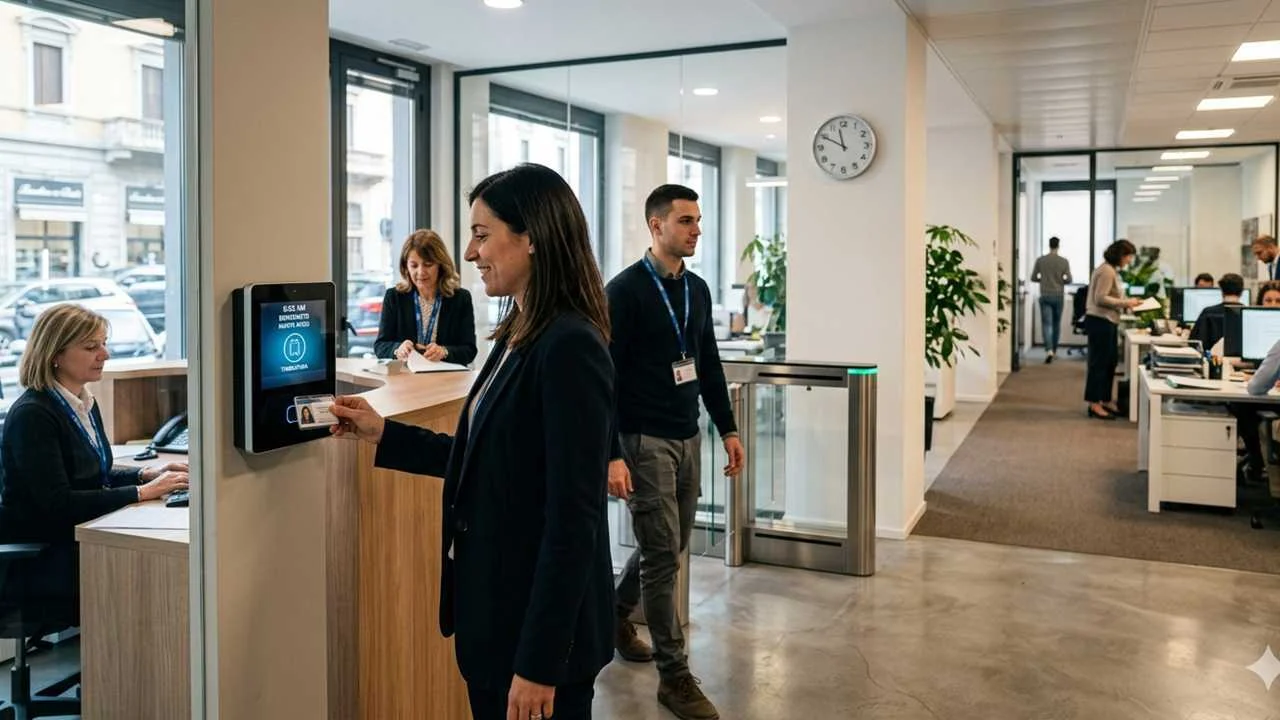 Una donna che sta timbrando sul terminale per entrare o uscire, gestione presenze e controllo accessi aziendale